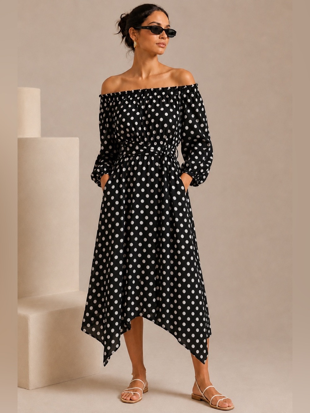 Anthropologie Maeve Gerti Polka Dot Off Shoulder Midi Dress Black White 4